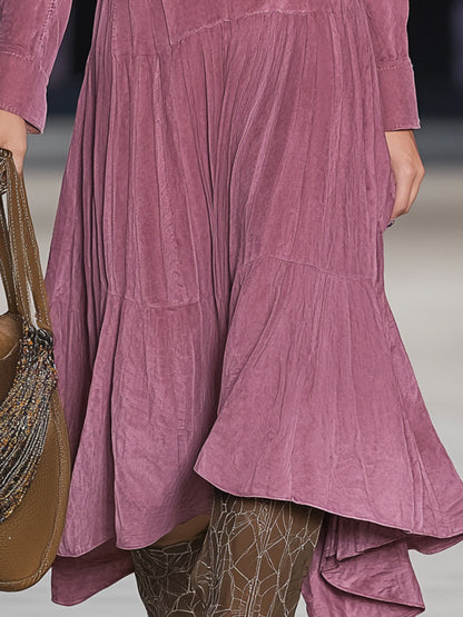 Western Pink Faux Suede V-Neck Studded Midi Dress