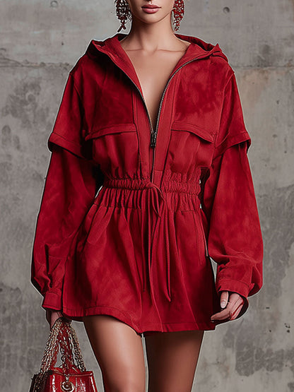 Western Retro Red Hooded Half-Zip Faux Suede Mini Dress