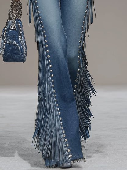 Western Blue Denim Side Tassel Rivet Flared Pants