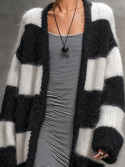 White Mohair With Black Stripes Cardigan