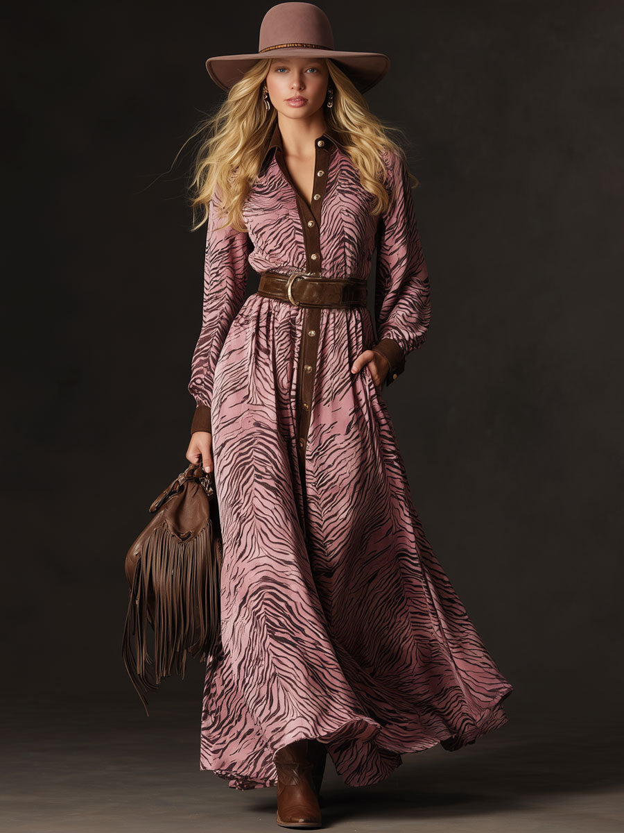 Western Retro Zebra Print Pink Faux Suede Long-Sleeved Maxi Dress