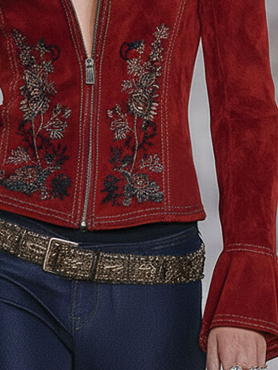 Western-style Lapel Zipper Floral Embroidered Faux Suede Jacket