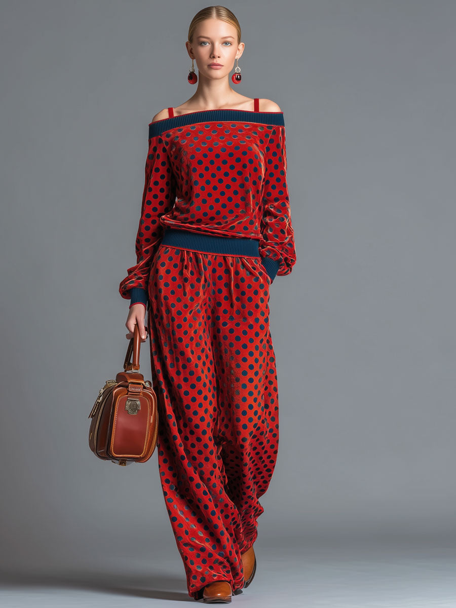 Sporty Retro Red Velvet Polka Dot Off-Shoulder Sweatshirt And Skirt Set