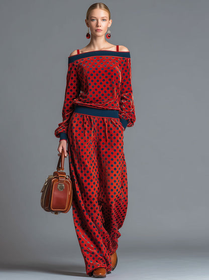 Sporty Retro Red Velvet Polka Dot Off-Shoulder Sweatshirt And Skirt Set