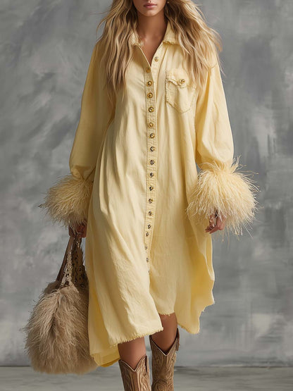 Casual Fashion Lapel Front Buckle Faux Fur Cuffs Light Yellow Cotton Loose Midi Dress
