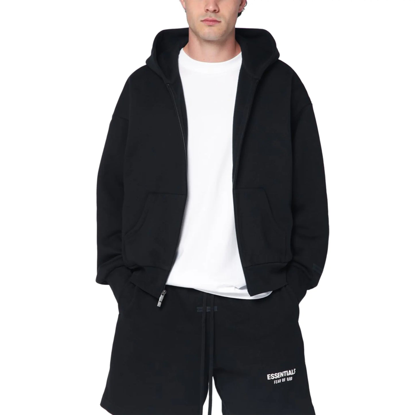 Fear Of God Essentials Classic Fleece Jet Black Zip-Up Hoodie (SS25)