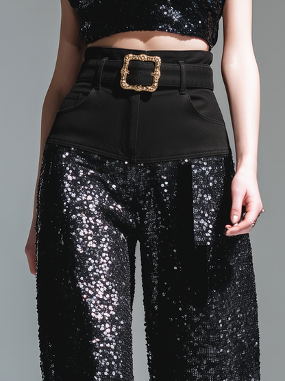 Trendy Urban Denim Patchwork Sequined Wide-leg Pants