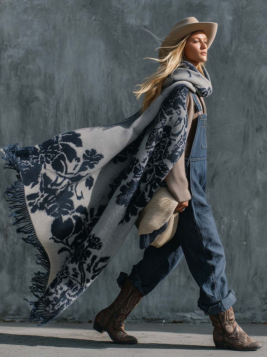 Thick Warm And Comfortable Vinatge Western Floral Pattern Grey Knit Scarf Shawl