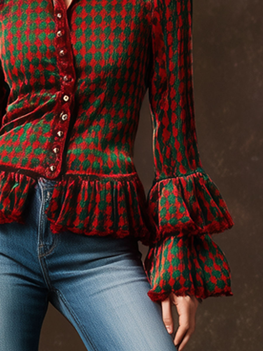 Trendy Retro Red And Green Houndstooth Velvet Long-sleeved Ruffle Shirt