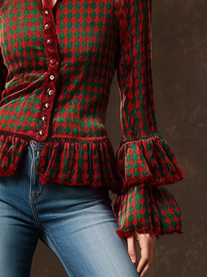 Trendy Retro Red And Green Houndstooth Velvet Long-sleeved Ruffle Shirt