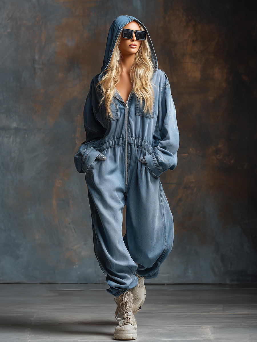 Casual And Oversized Blue Hooded Front-zip Denim Long-sleeved Jumpsuit
