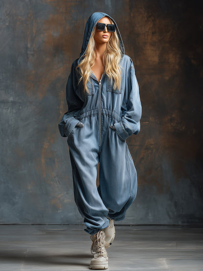 Casual And Oversized Blue Hooded Front-zip Denim Long-sleeved Jumpsuit
