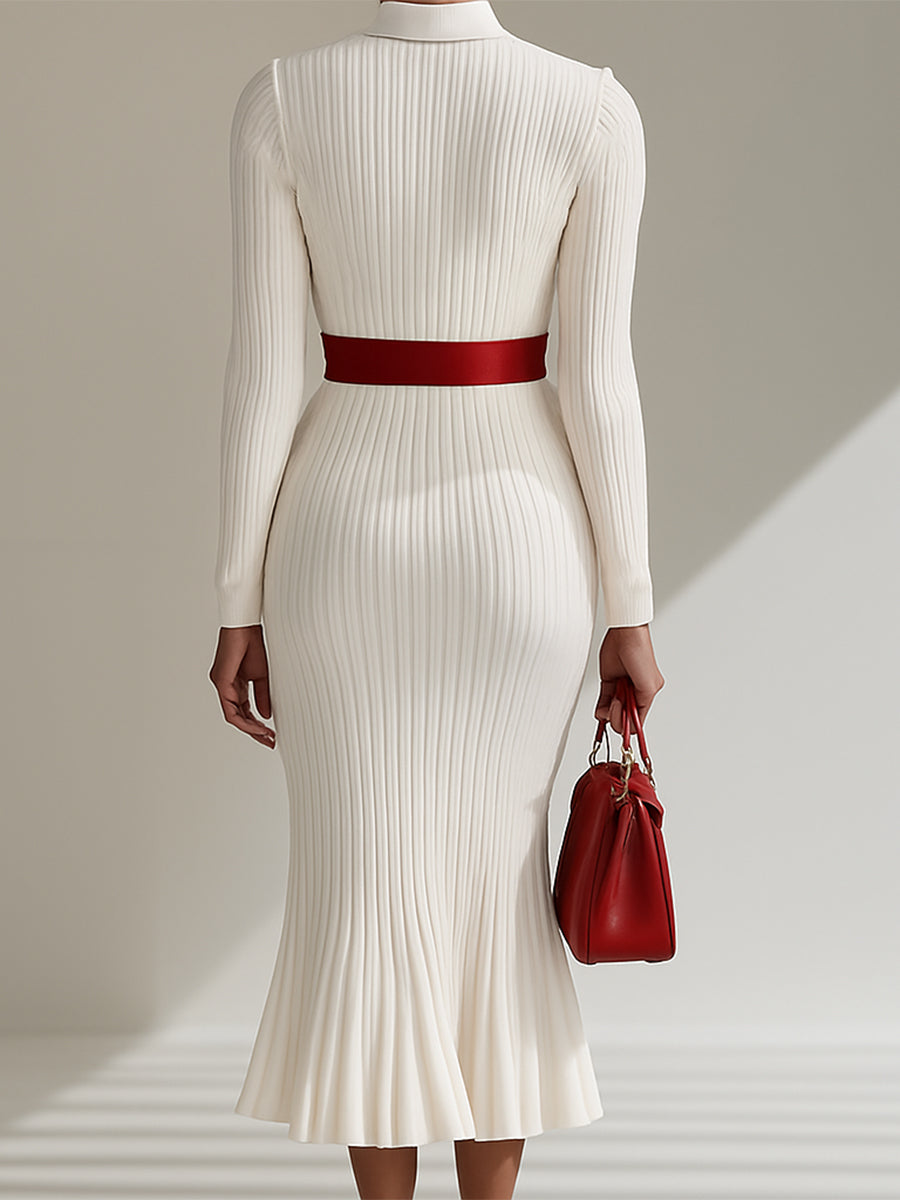 White Wool Lapel Button Design Maxi Dress