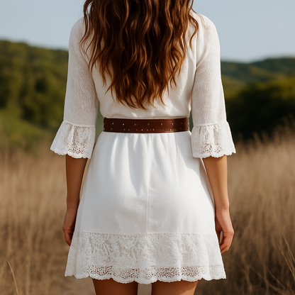Women's White Linen V-neck Lace Hem Stitching Lace Mid-length Sleeve Dress