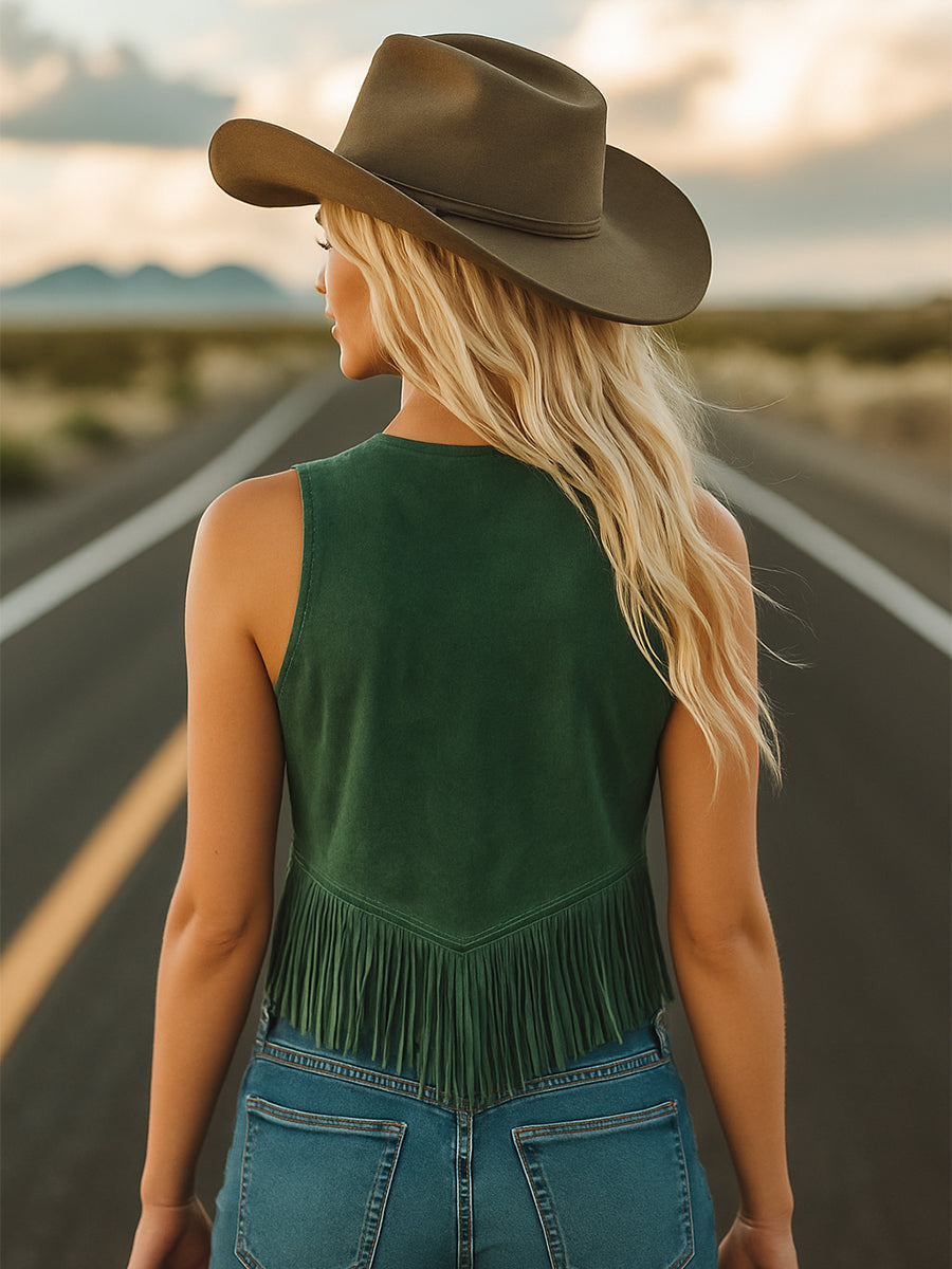 Vintage Rich Green Suede Embroidered Tassel Top