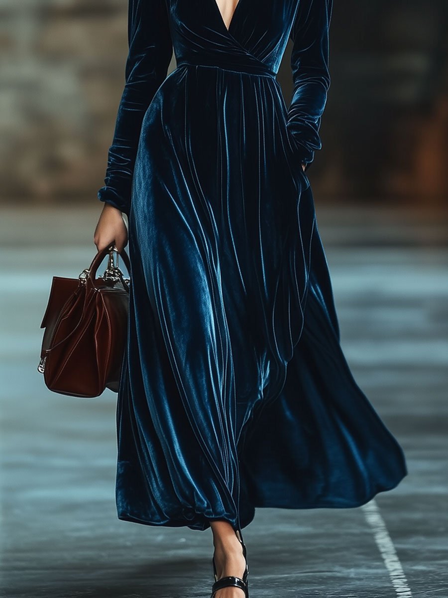 V-Neck Retro Solid Color Velvet Pocket Long Sleeve Maxi Dress