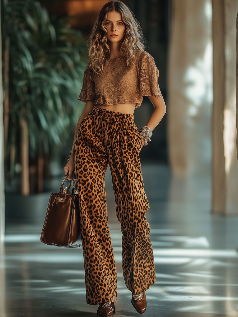 Casual Loose Vintage Velvet Leopard Print Pocket Elastic Waist Pants