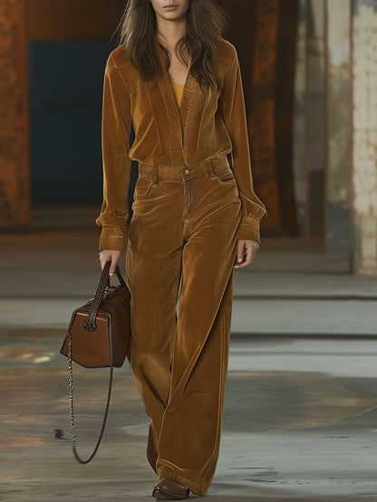 Casual Loose V-Neck Pocket Long Sleeve Corduroy Jumpsuit