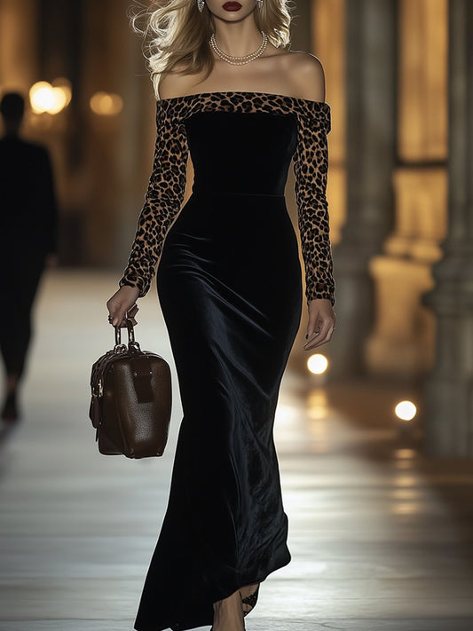 【24-hour shipping】Retro Elegant High-End One-Shoulder Leopard Print Velvet Dress