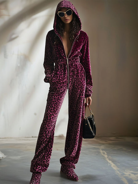 Casual Retro Purple Velvet Leopard Print Elastic Waist Zipper Hooded Jumpsuit