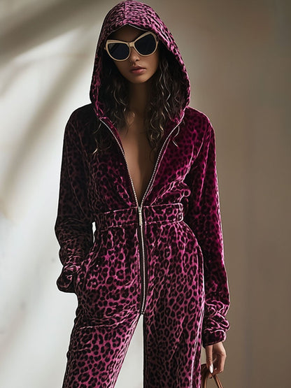 Casual Retro Purple Velvet Leopard Print Elastic Waist Zipper Hooded Jumpsuit