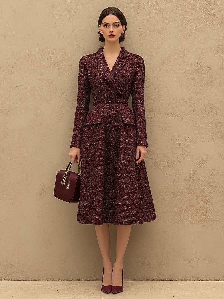 Vintage Elegant Ankola Red Tweed Lapel Dress