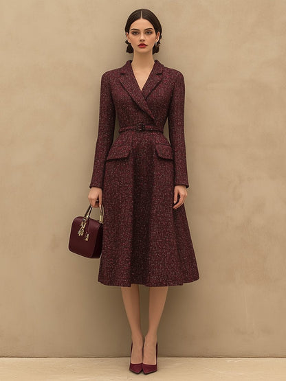 Vintage Elegant Ankola Red Tweed Lapel Dress