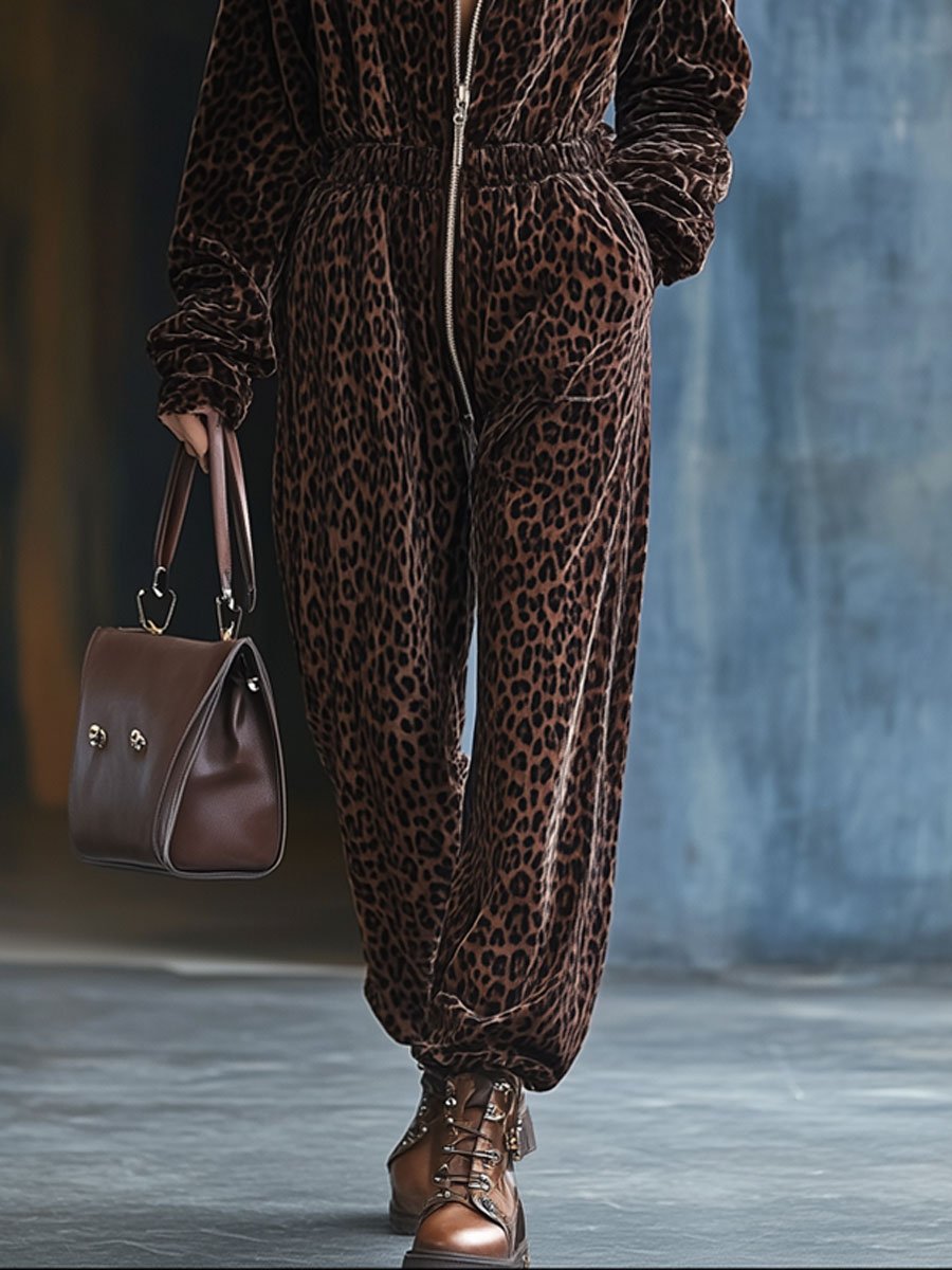 Casual Loose Vintage Velvet Leopard Print Elastic Waist Zipper Hooded Jumpsuit