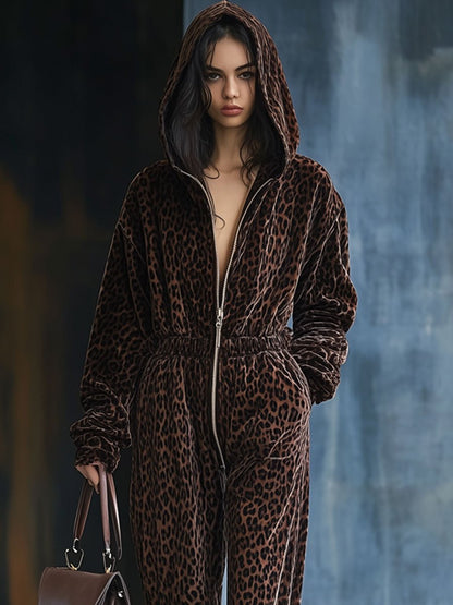 Casual Loose Vintage Velvet Leopard Print Elastic Waist Zipper Hooded Jumpsuit