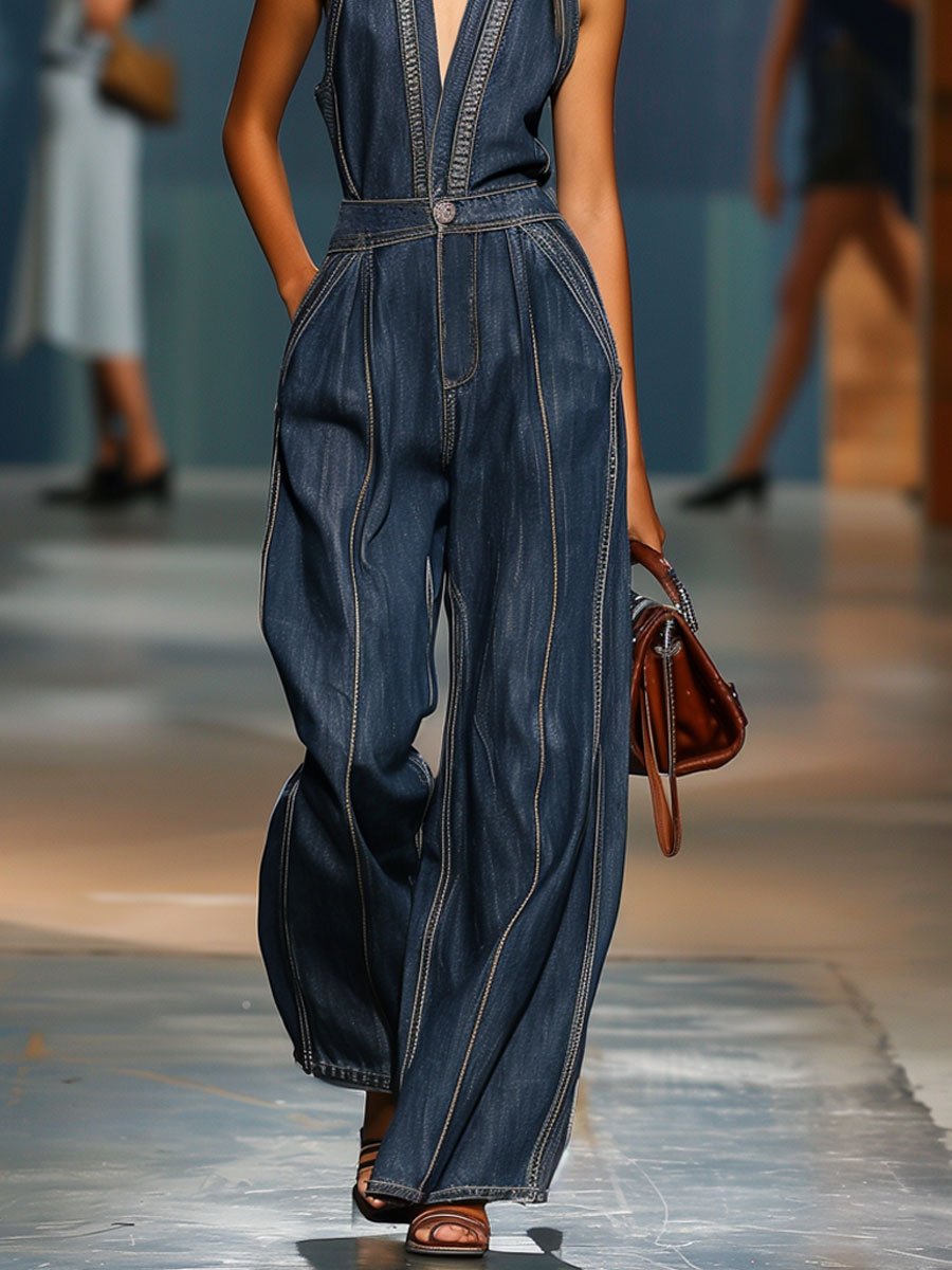 V-Neck Casual Retro Sleeveless Wide-Leg Denim Jumpsuit