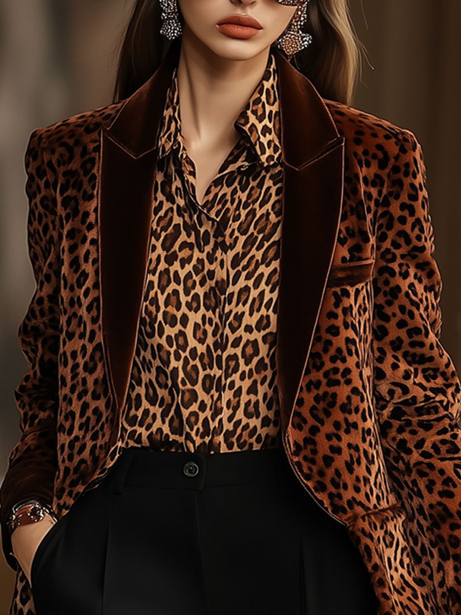 Casual Loose Retro Velvet Leopard Print Lapel Blazer