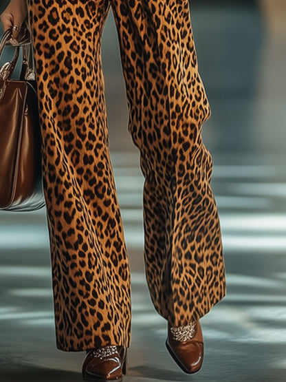 Casual Loose Vintage Velvet Leopard Print Pocket Elastic Waist Pants