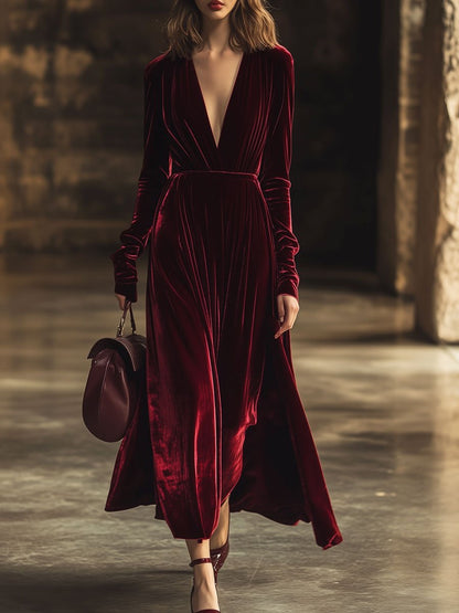V-Neck Retro Solid Color Velvet Long-Sleeved Midi Dress