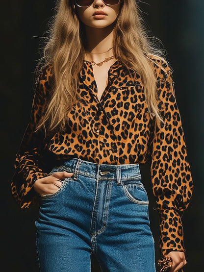 Casual Loose Vintage Velvet Leopard Print Long Sleeve Blouse