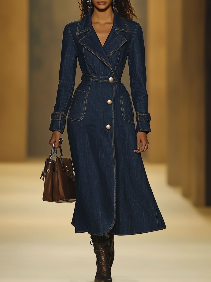 Casual Retro Pocket Denim Long Sleeve Dress Style Trench Coat