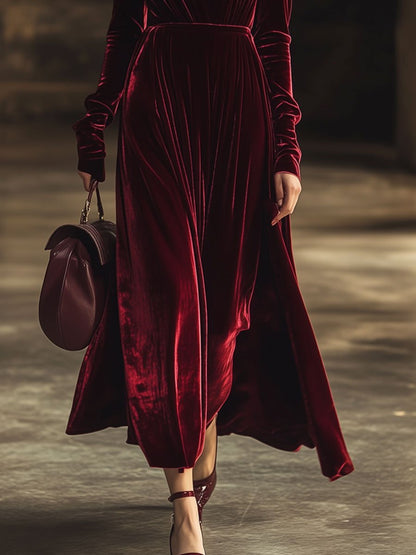 V-Neck Retro Solid Color Velvet Long-Sleeved Midi Dress