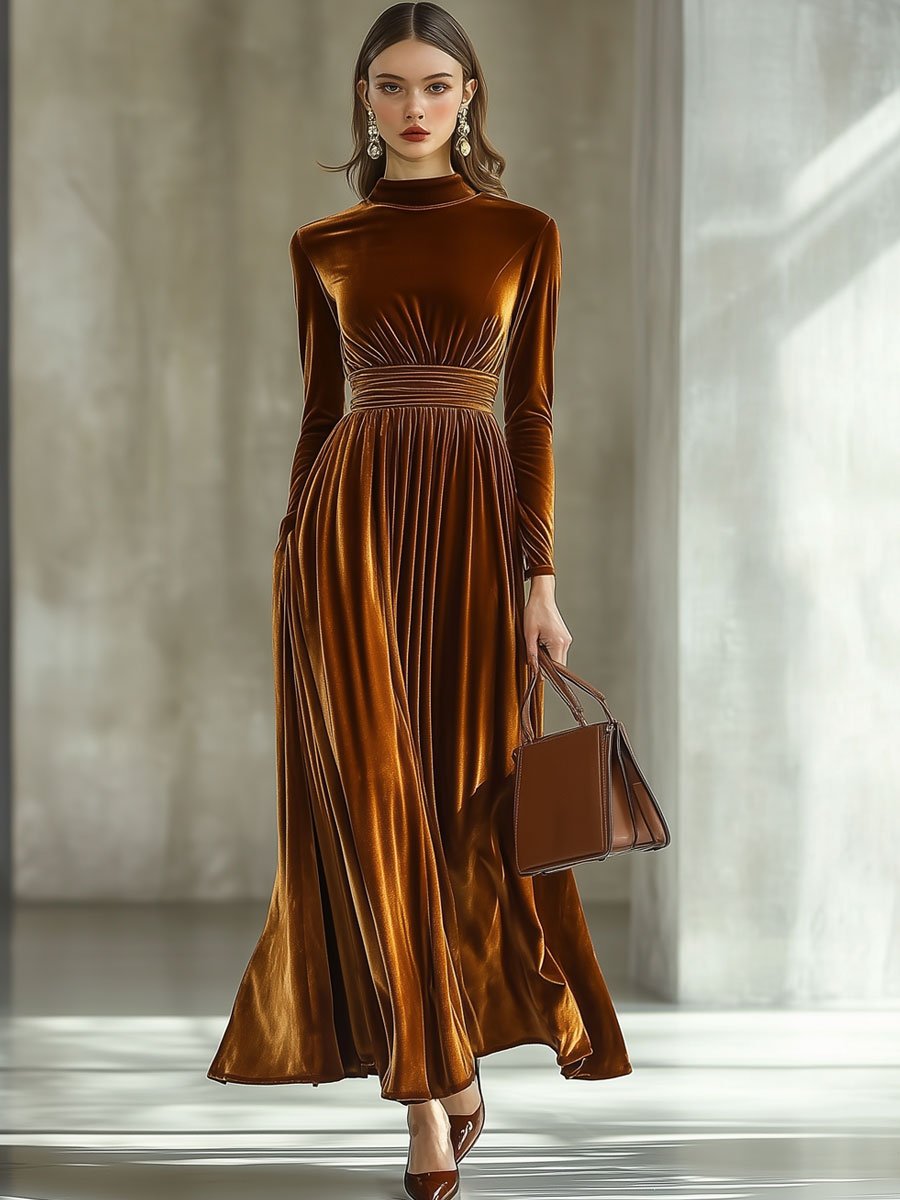 Solid Color Simple Party Long Sleeve Half Turtleneck Maxi Dress