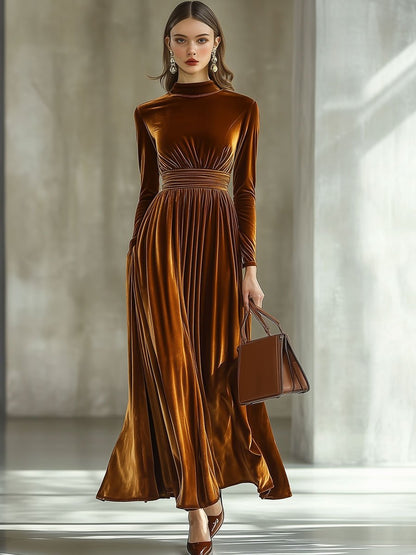 Solid Color Simple Party Long Sleeve Half Turtleneck Maxi Dress