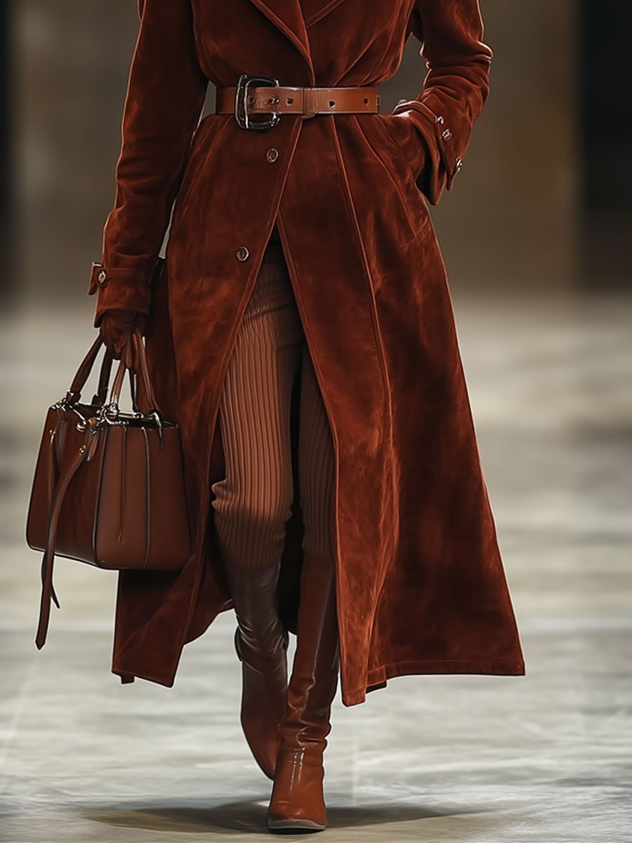 Casual Loose Vintage Angora Red Suede Pocket Lapel Extra Long Coat