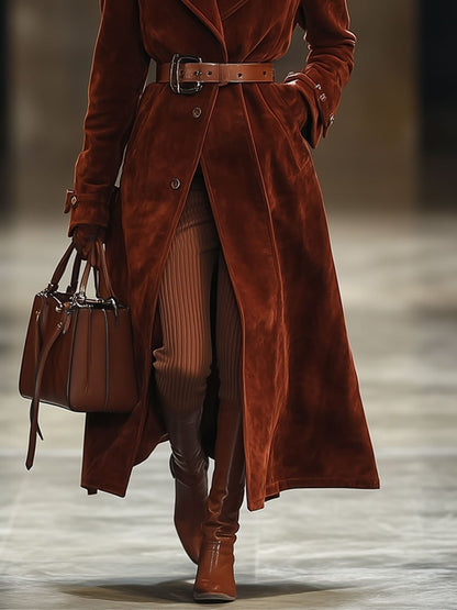 Casual Loose Vintage Angora Red Suede Pocket Lapel Extra Long Coat