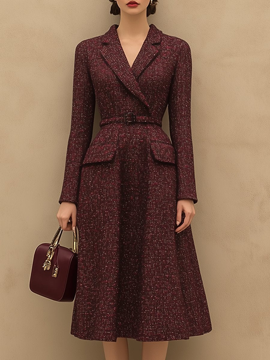 Vintage Elegant Ankola Red Tweed Lapel Dress