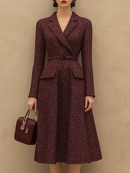 Vintage Elegant Ankola Red Tweed Lapel Dress