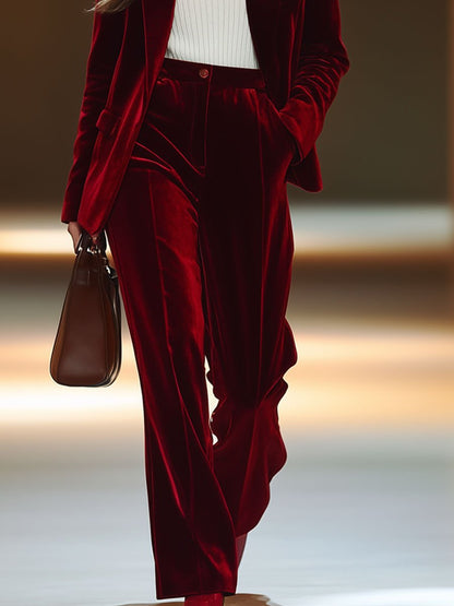 Casual Loose Retro Solid Color Velvet Pocket Suit Pants