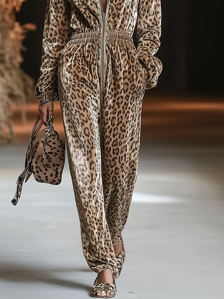 Casual Loose Vintage Velvet Leopard Print Zipper Hooded Jumpsuit