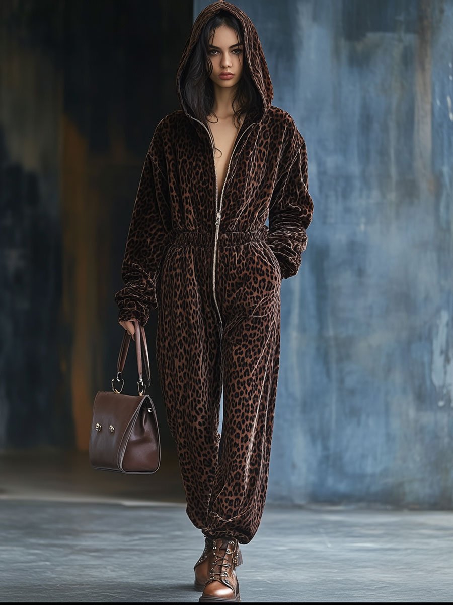 Casual Loose Vintage Velvet Leopard Print Elastic Waist Zipper Hooded Jumpsuit
