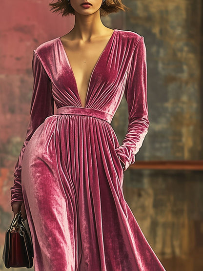 V-Neck Loose Simple Solid Color Velvet Pocket Long Sleeve Maxi Dress
