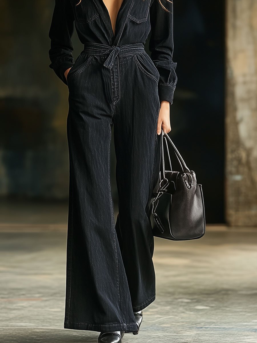 Casual Multi-Pocket Belted Long Sleeve Black Flared Denim Jumpsuit