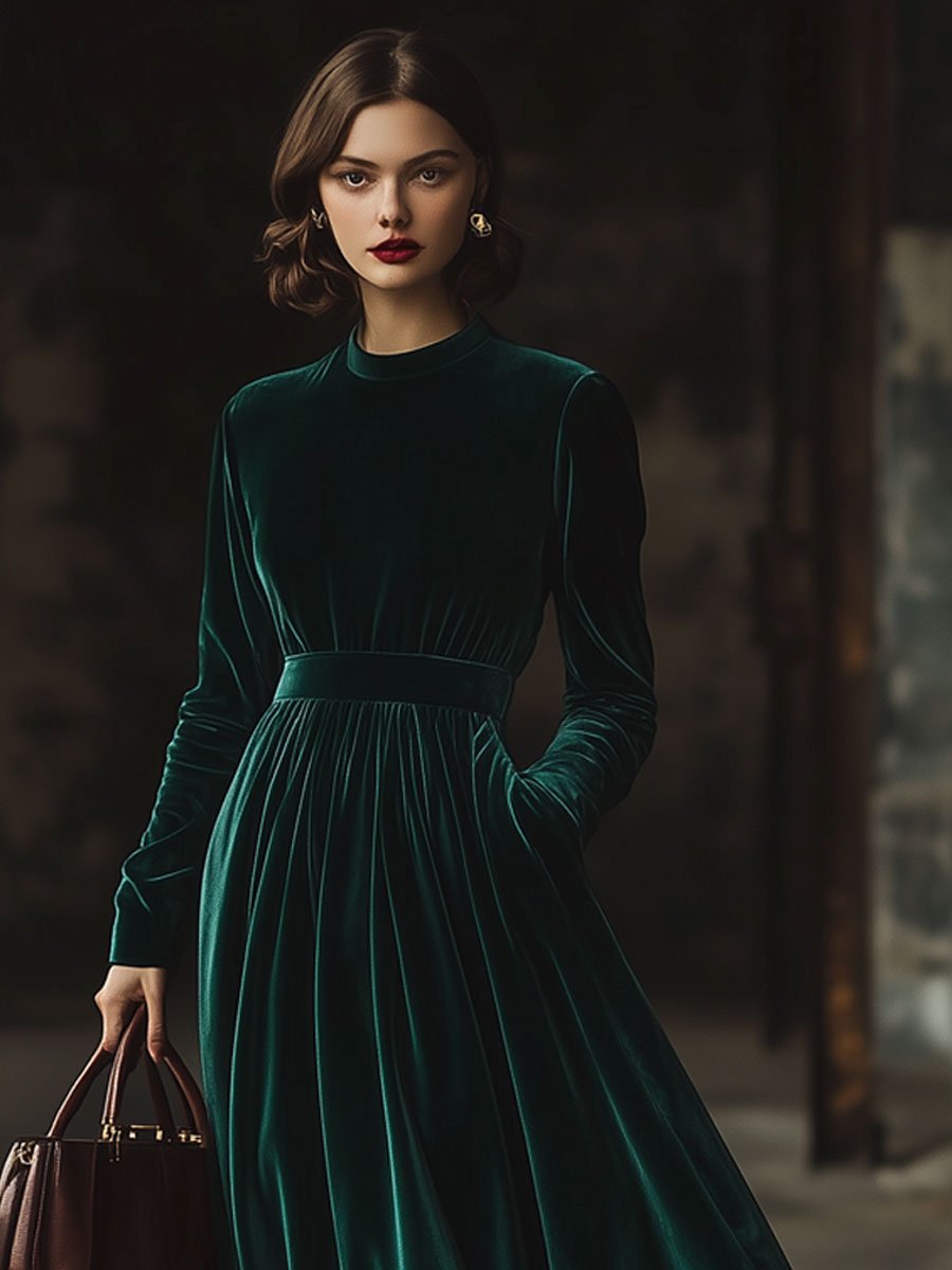 Stand Collar Loose Party Pocket Solid Velvet Long Sleeve Maxi Dress