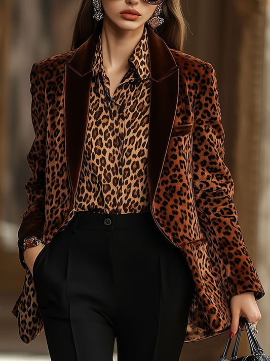 Casual Loose Retro Velvet Leopard Print Lapel Blazer