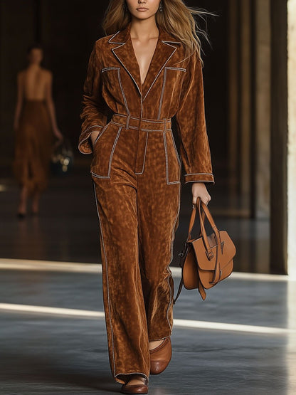 Casual Loose Vintage Exposed Pocket Long Sleeve Suede Jumpsuit